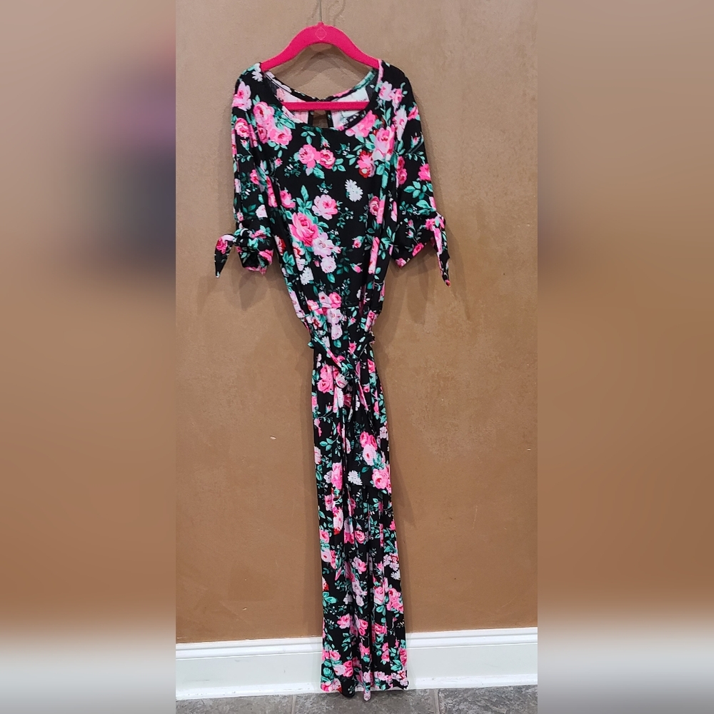 Girl "Rare Editions" vibrant pink floral wide leg  jumpsuit.  Size 14